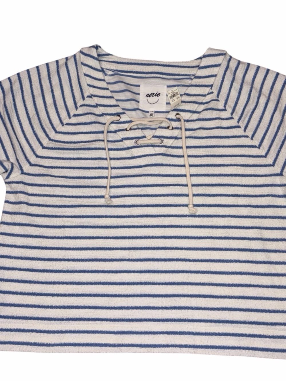 NEW Aerie Blue & White Stripe Terry Cloth Lace Up Pullover Sweatshirt Medium - Picture 3 of 10